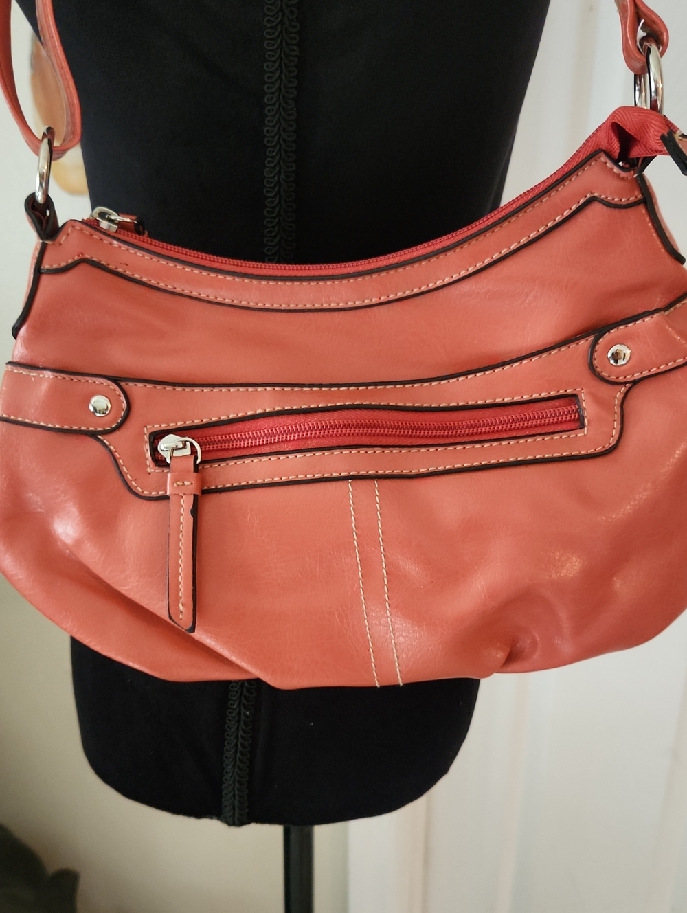 Coral Faux Leather Shoulder Bag with Front Zip Pocket